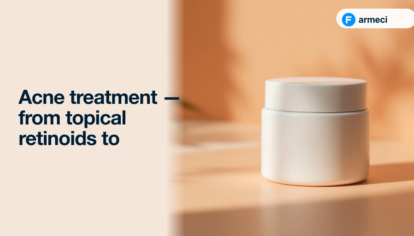 Editorial cover for Farmeci's guide on acne treatment: a single elegant matte white porcelain apothecary jar on a polished warm peach surface, alongside the headline.