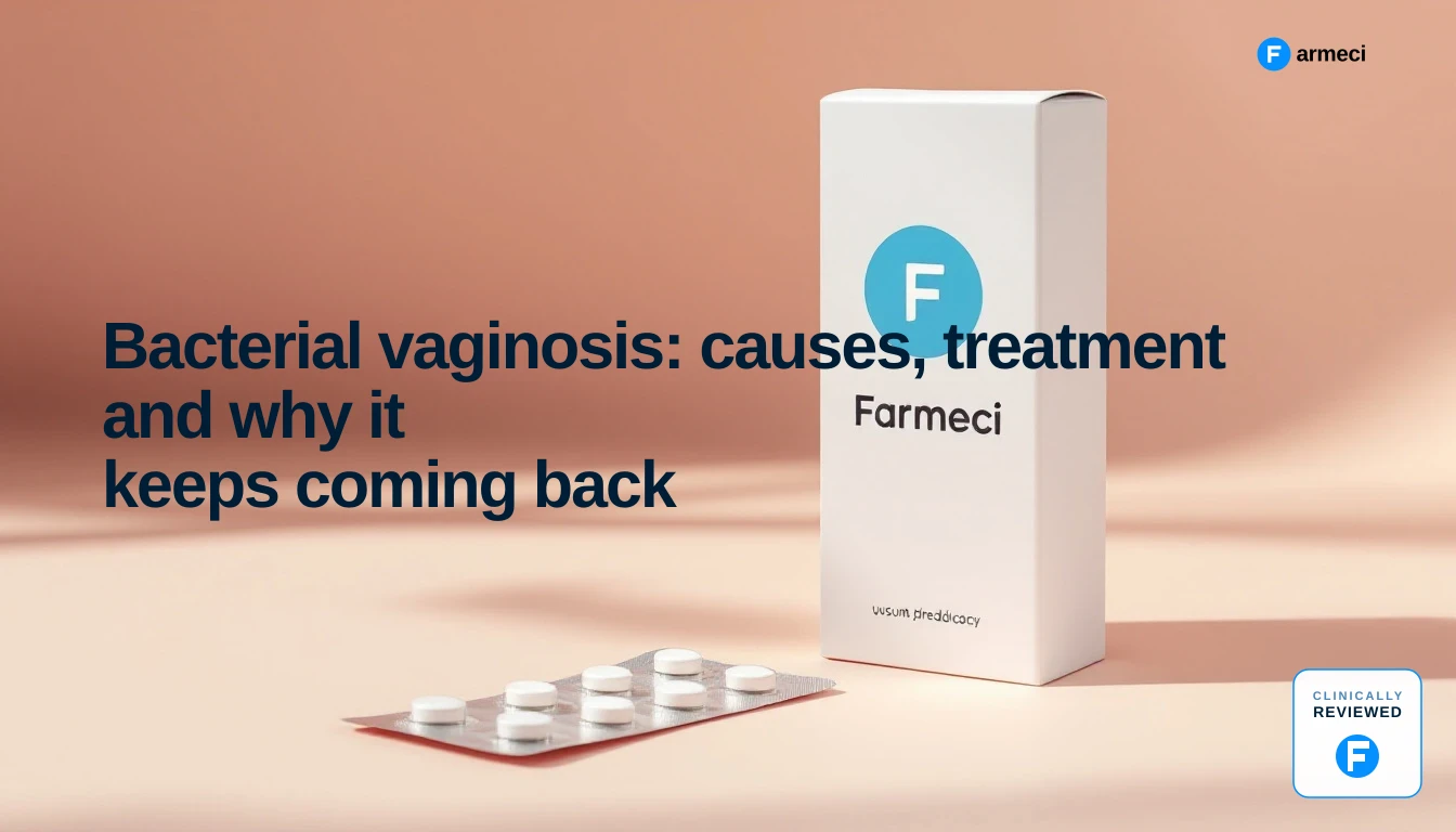 Editorial cover for Farmeci's bacterial vaginosis guide: soft blush-cream backdrop with a Farmeci-branded medicine carton and blister pack.