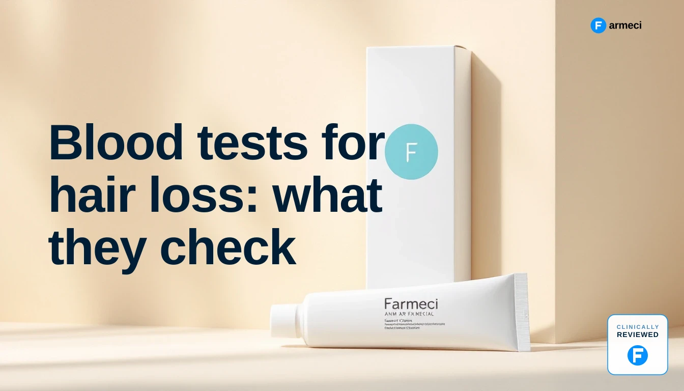 Editorial cover for Farmeci's guide on blood tests for hair loss, showing a calm clinical laboratory theme with a blood-test vial motif.