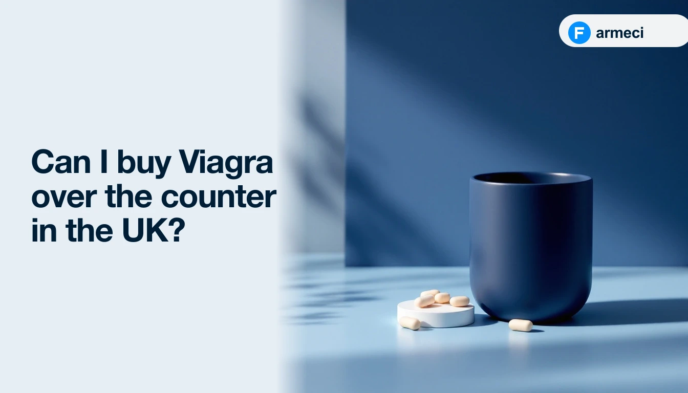 Editorial cover for Farmeci's guide on UK over-the-counter Viagra: pale steel-blue backdrop, pharmacist-check and Viagra Connect chips above a Pharmacy (P) medicine card, and a Farmeci-branded sildenafil blister pack.