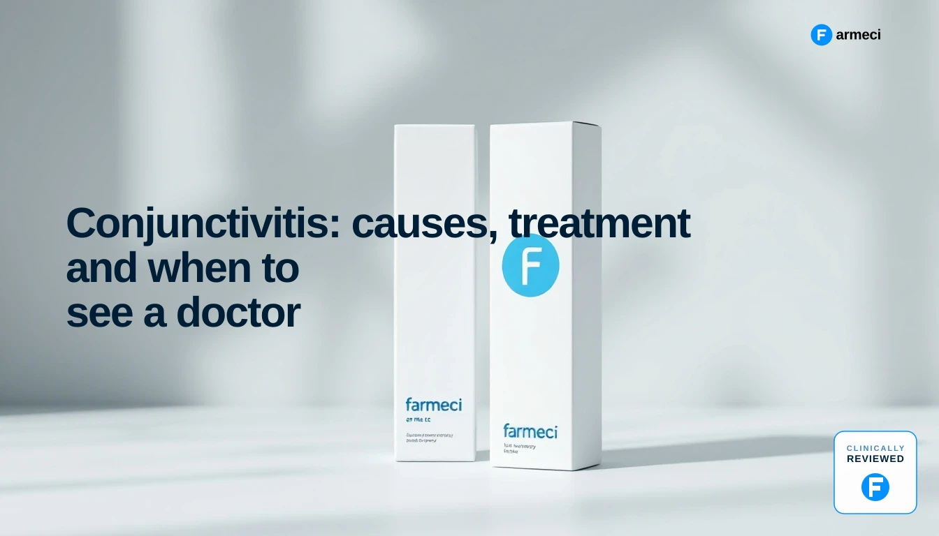 A premium nasal and eye-care pharmacy product shot on a soft light-grey surface, styled for Farmeci's conjunctivitis guide