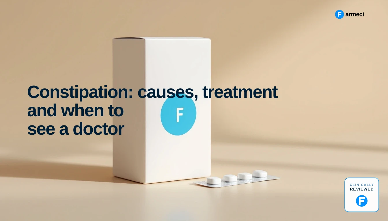 Editorial cover for Farmeci's constipation guide: soft warm cream backdrop with a Farmeci-branded medicine carton and blister pack.