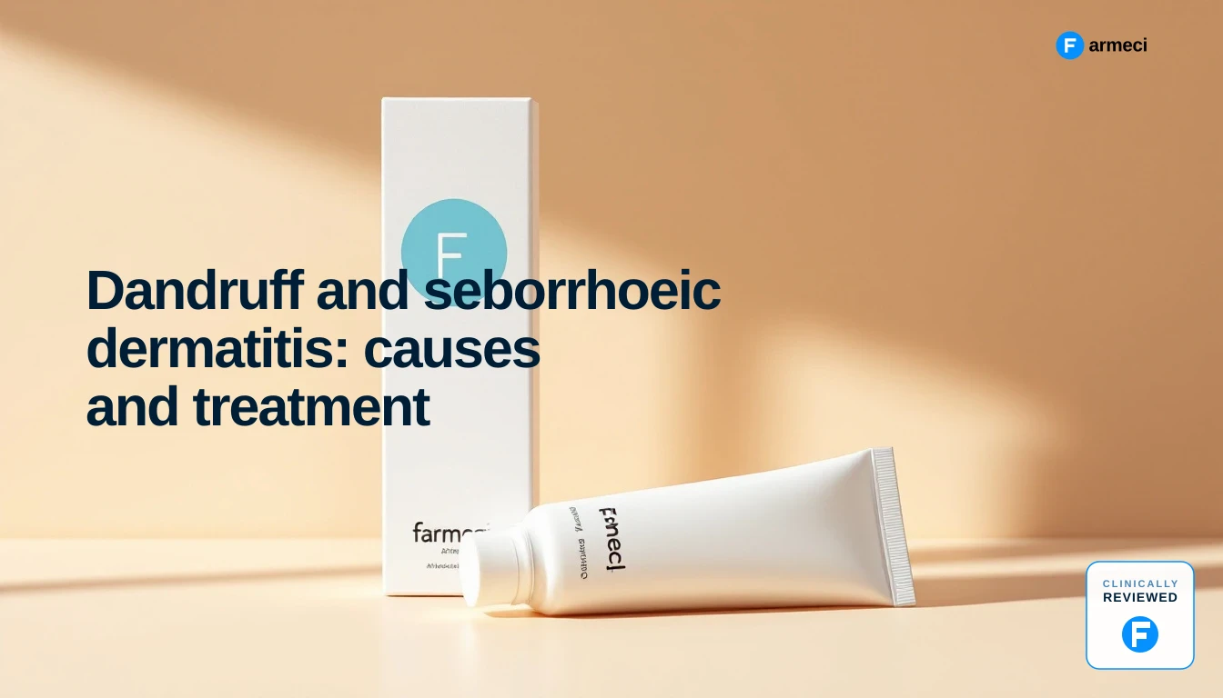 Editorial cover for Farmeci's guide to dandruff and seborrhoeic dermatitis treatment.