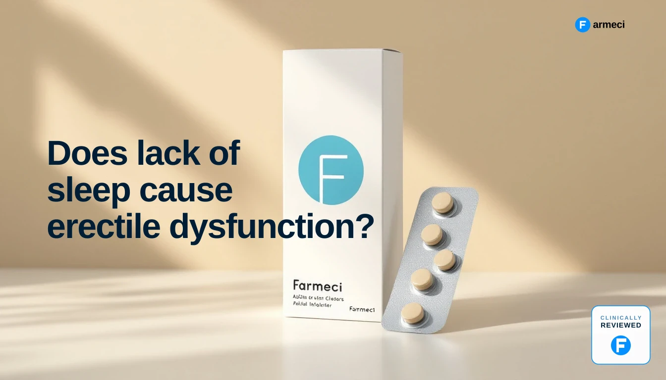 Editorial cover for Farmeci's guide on sleep and erectile dysfunction: a premium Farmeci-branded medicine carton and blister strip of tablets on a soft cream surface, soft studio light, alongside the headline.