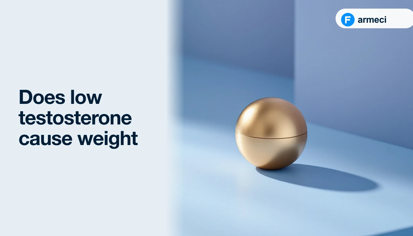 Editorial cover for Farmeci's guide on low testosterone and weight gain: steel-blue backdrop, a stylised body outline with a highlighted central-adiposity band and a 'Low T' arrow listing lean-mass loss, visceral fat rise and lower metabolism, plus a Farmeci-branded testosterone vial.