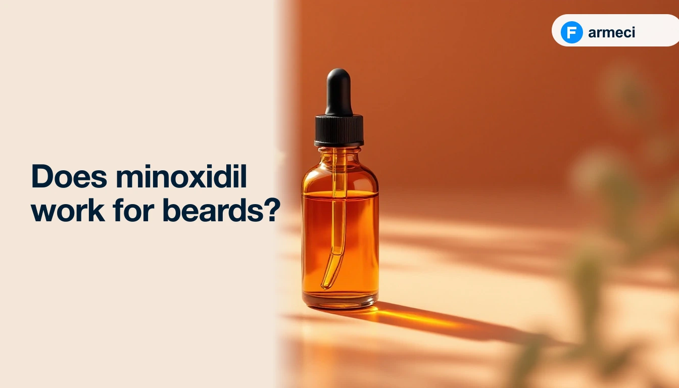 Editorial cover for Farmeci's guide on minoxidil for beards: peach backdrop, a stylised face outline with beard stipple labelled 'off-licence facial use', and a Farmeci-branded minoxidil topical bottle.
