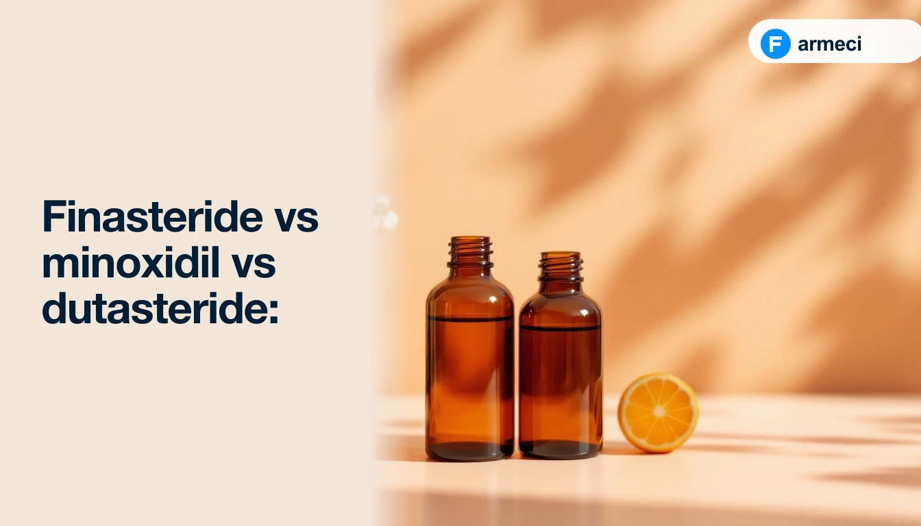 Editorial cover comparing three hair-loss treatments: a Farmeci-branded finasteride blister, a minoxidil topical bottle and a dutasteride capsule pack on a warm sand backdrop.