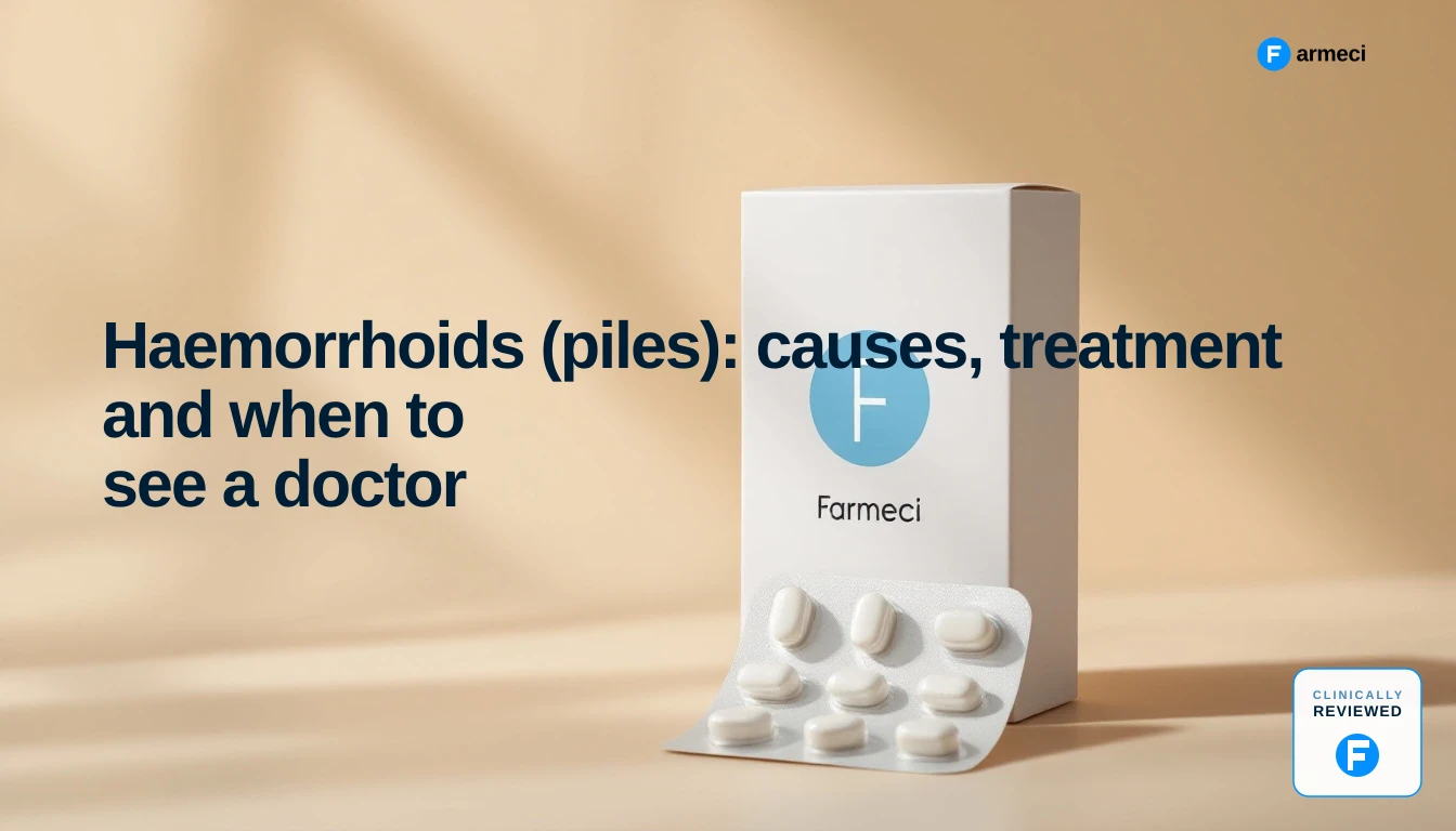 Editorial cover for Farmeci's haemorrhoids and piles guide: soft warm sand backdrop with a Farmeci-branded medicine carton and blister strip.