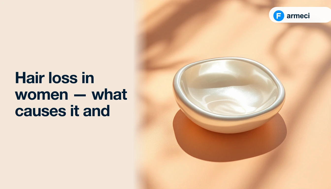 Editorial cover for Farmeci's guide on hair loss in women: a single elegant polished mother-of-pearl shallow bowl on a polished warm peach surface, alongside the headline.