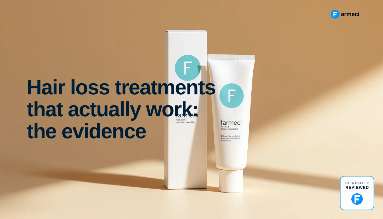 Clinical still life of a topical hair loss treatment tube and carton, Farmeci branding