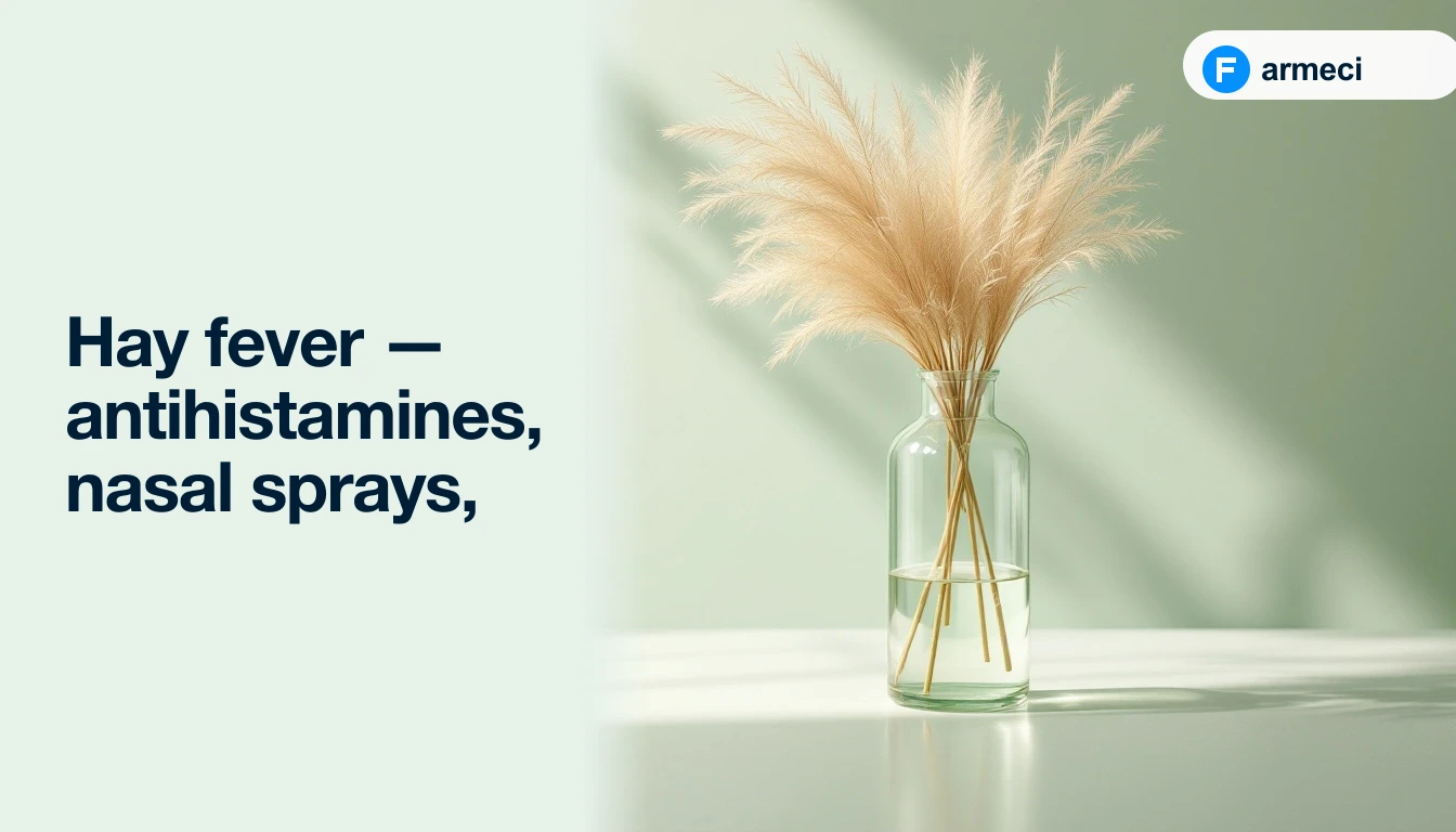 Editorial cover for Farmeci's hay fever treatment guide: pale green backdrop, drifting pollen and a dandelion seedhead, a Farmeci-branded nasal spray bottle, and a Farmeci-branded antihistamine blister card.