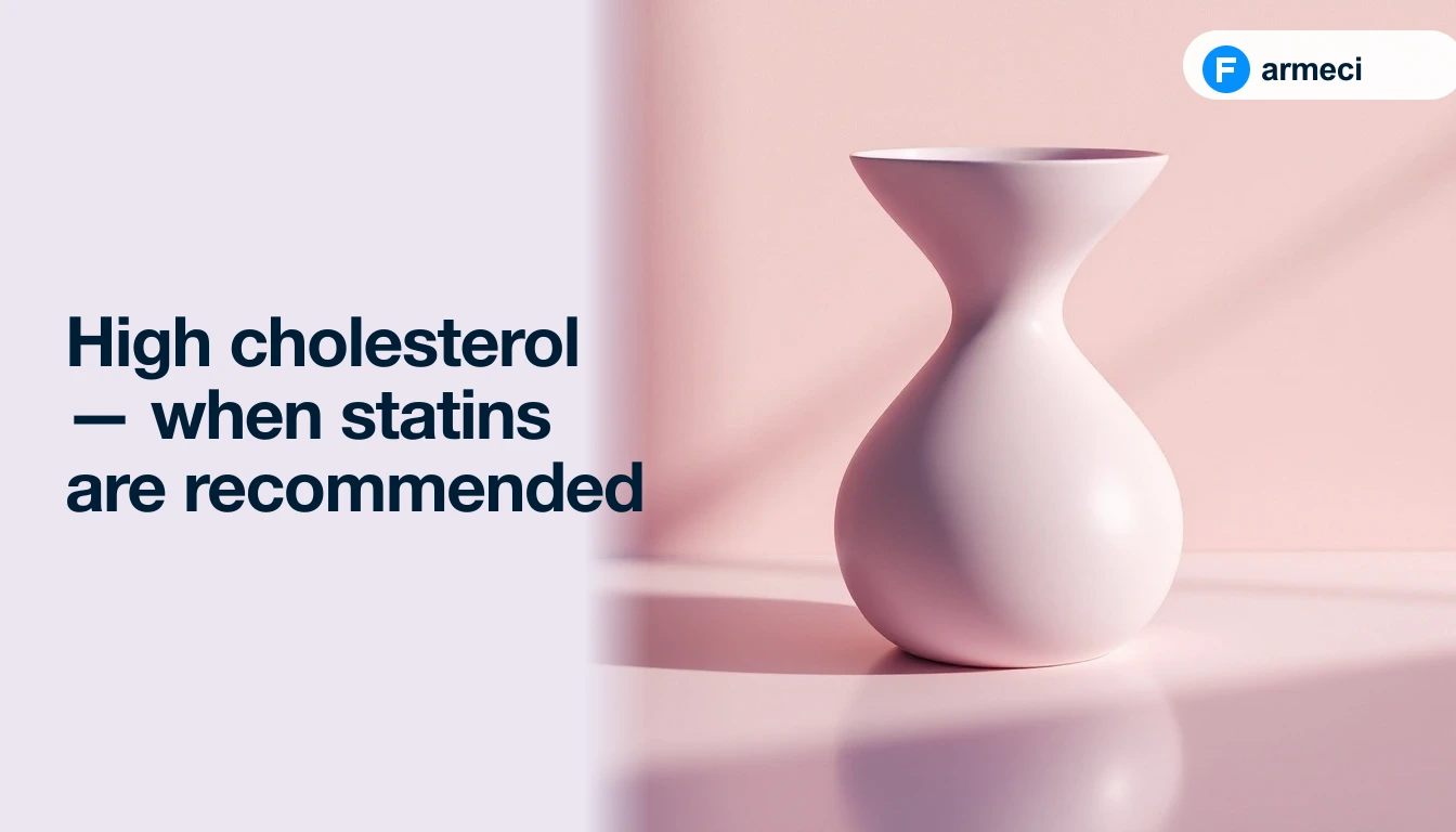 Editorial cover for Farmeci's guide on high cholesterol and statins: a single elegant matte terracotta ceramic vessel on a polished terracotta surface, soft warm light, alongside the headline.