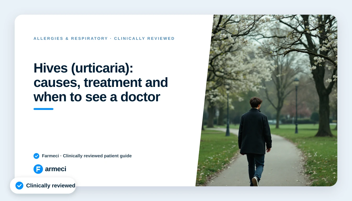 Editorial cover for Farmeci's guide to hives and urticaria: a calm outdoor scene on a Farmeci-branded card design.