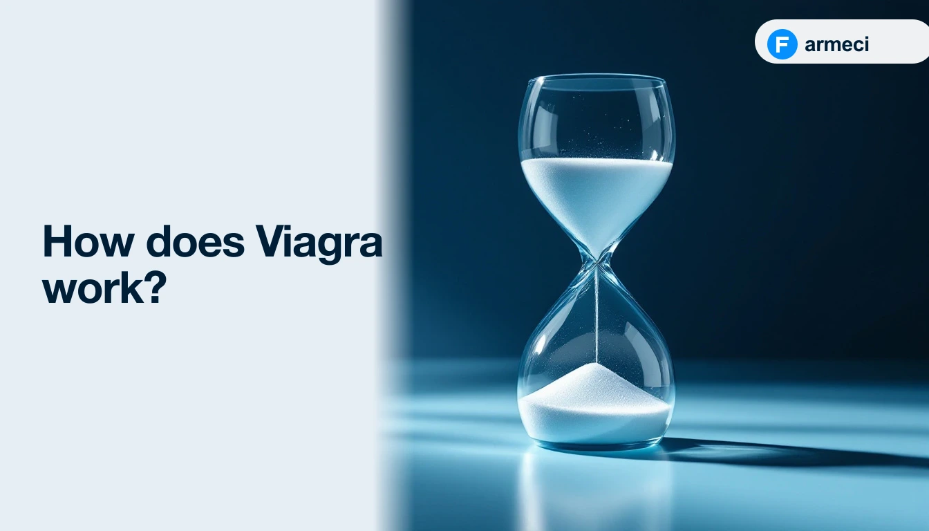 Editorial cover for Farmeci's explainer on how Viagra works: pale steel-blue backdrop, two vessel diagrams showing constricted vs PDE5-relaxed state, and a Farmeci-branded sildenafil blister pack.