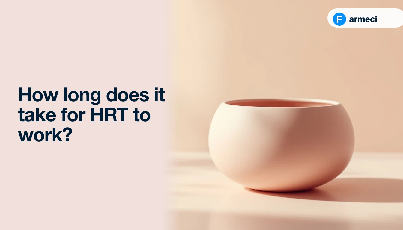 Editorial cover for Farmeci's HRT timeline guide: pale rose backdrop, an ascending oestrogen response curve with Day 1, Week 2, Week 6 and Week 12 markers, and a Farmeci-branded Oestrogel HRT sachet.