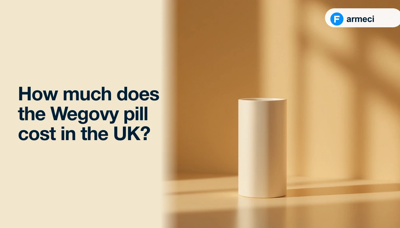 Editorial cover for Farmeci's guide on the UK cost of the Wegovy pill: a single elegant matte cream-coloured ceramic vessel on a polished warm amber-cream surface with soft natural light, alongside the headline.