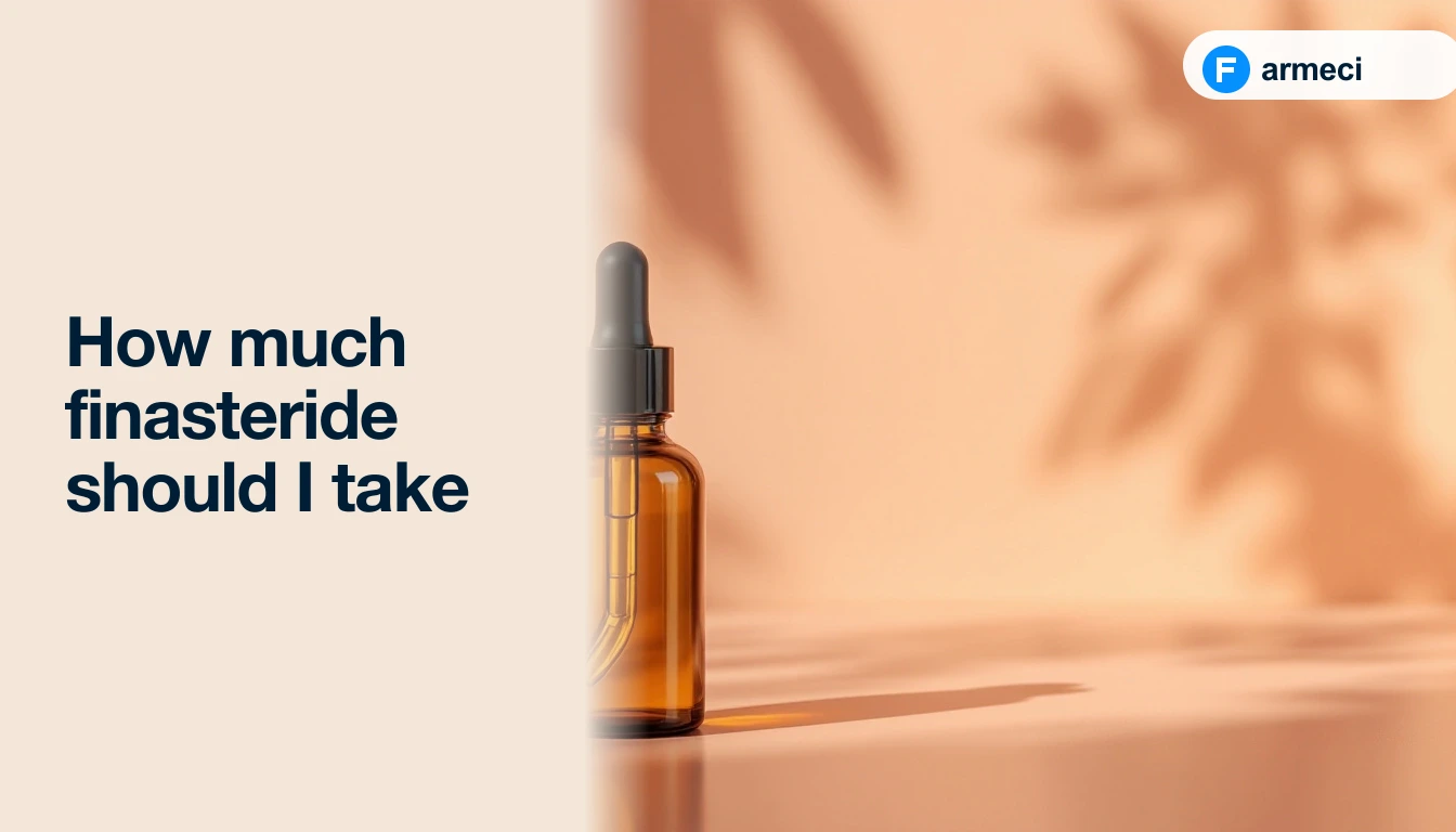 Editorial cover for Farmeci's finasteride dosing guide: warm peach backdrop, a '1 mg daily' badge, sparse hair-strand pattern, and a Farmeci-branded finasteride 1 mg blister pack.
