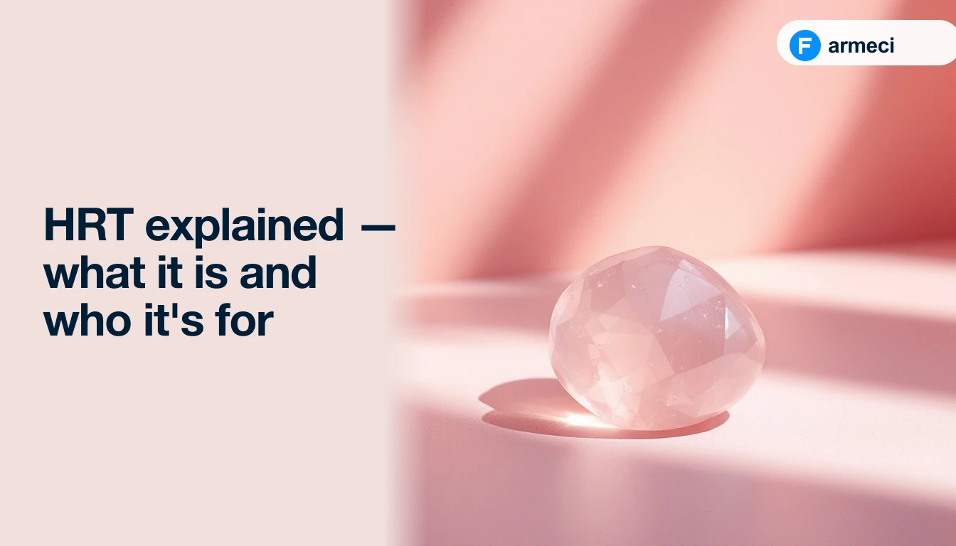 Editorial cover for Farmeci's guide on HRT: a single elegant polished natural rose quartz stone on a polished pale-rose surface, soft directional light, alongside the headline.