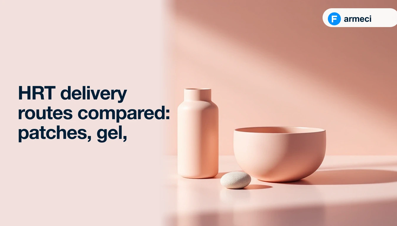 Editorial cover comparing HRT delivery routes: a Farmeci-branded oestrogen patch, a gel pump and a blister of oral HRT tablets on a soft dusk-rose backdrop.