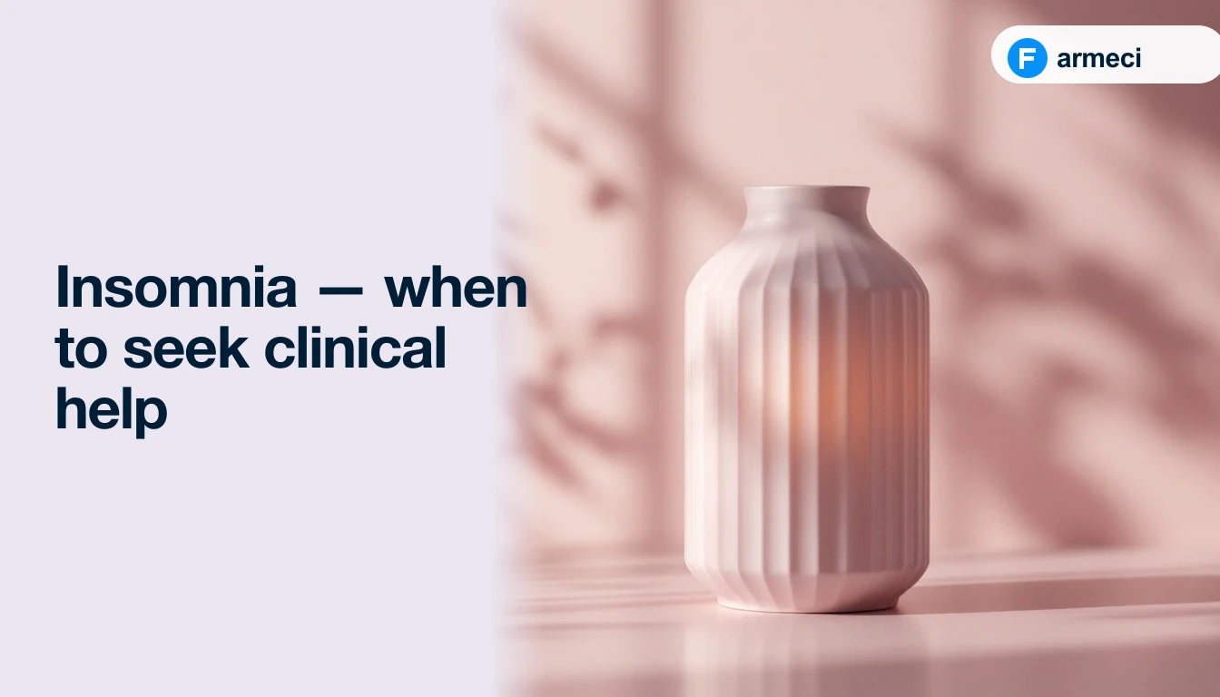 Editorial cover for Farmeci's guide on insomnia: a single elegant matte pale-lavender ceramic table lantern on a polished pale-lavender surface, soft ambient light, alongside the headline.
