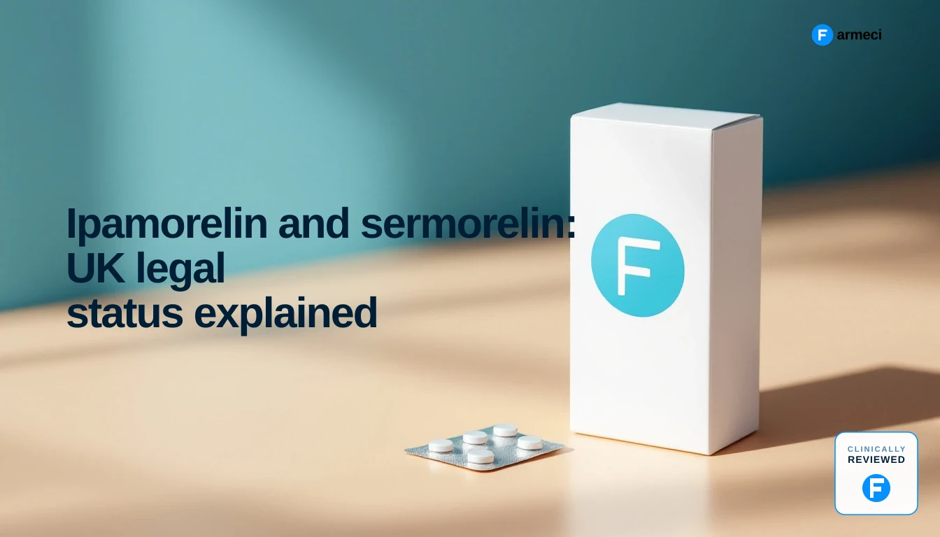 A UK pharmacist reviewing a peptide vial and syringe on a clinic desk, representing questions about ipamorelin and sermorelin's legal status.
