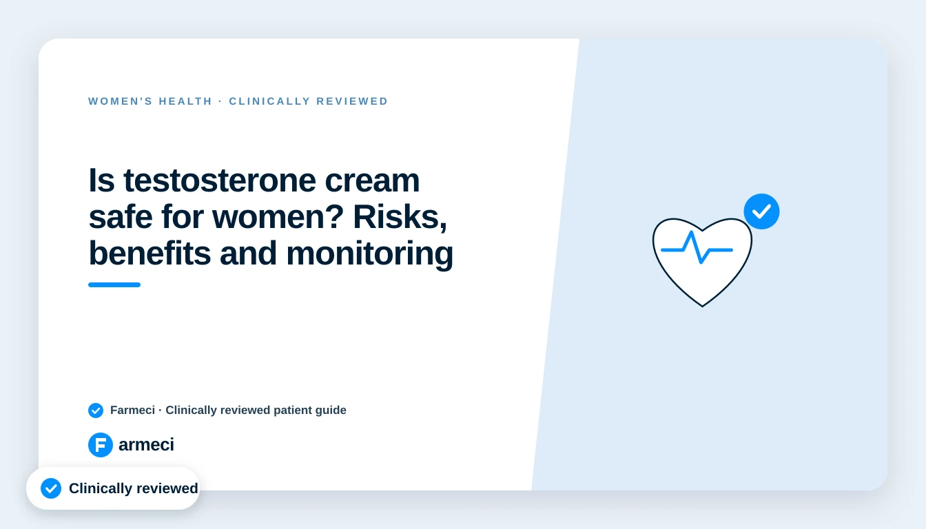 Editorial cover for Farmeci's guide on whether testosterone cream is safe for women, weighing risks against benefits, on a navy Farmeci-branded background.