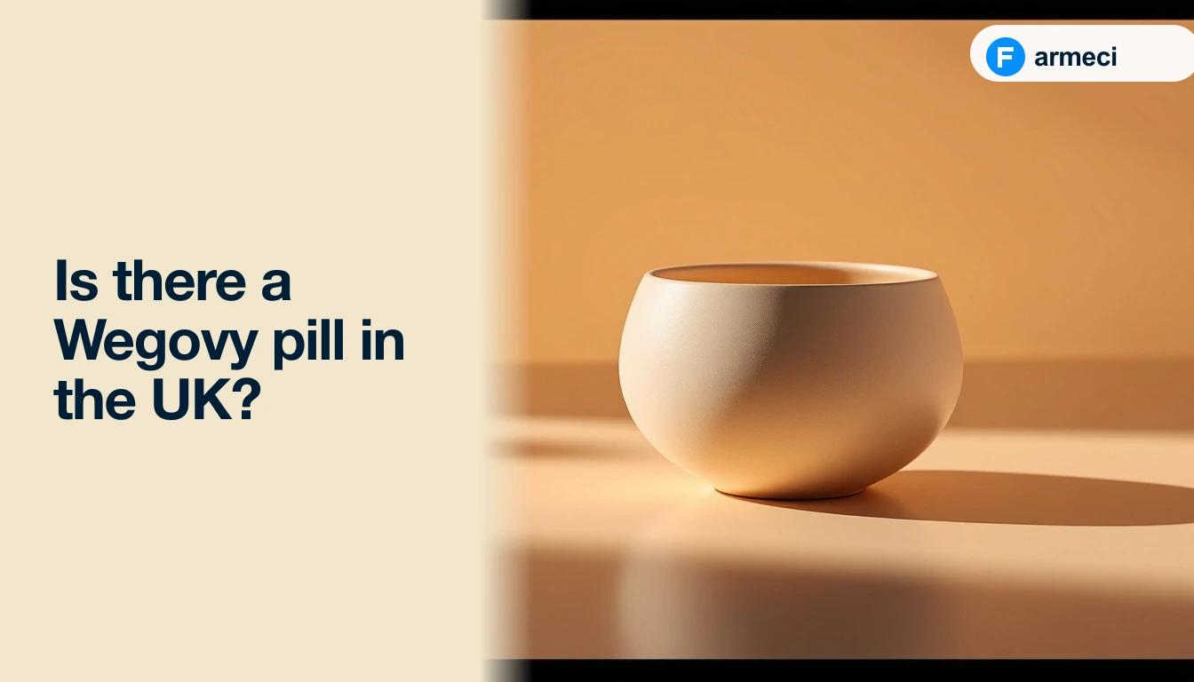 Editorial cover for Farmeci's guide on whether a Wegovy pill is available in the UK: a single elegant matte cream-coloured ceramic vessel on a polished warm amber-cream surface, soft natural light, alongside the headline.