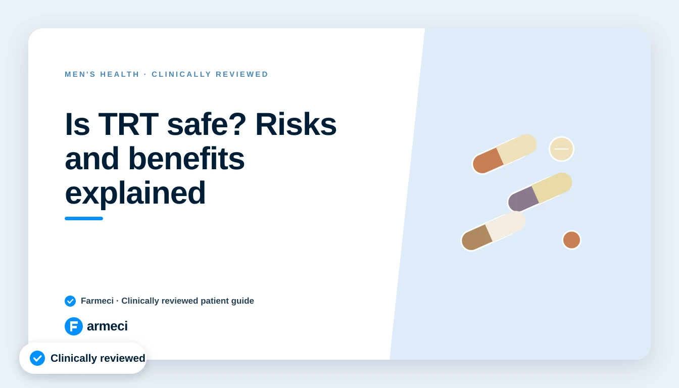 Editorial cover for Farmeci's guide to whether TRT is safe, weighing risks against benefits, on a navy Farmeci-branded background.