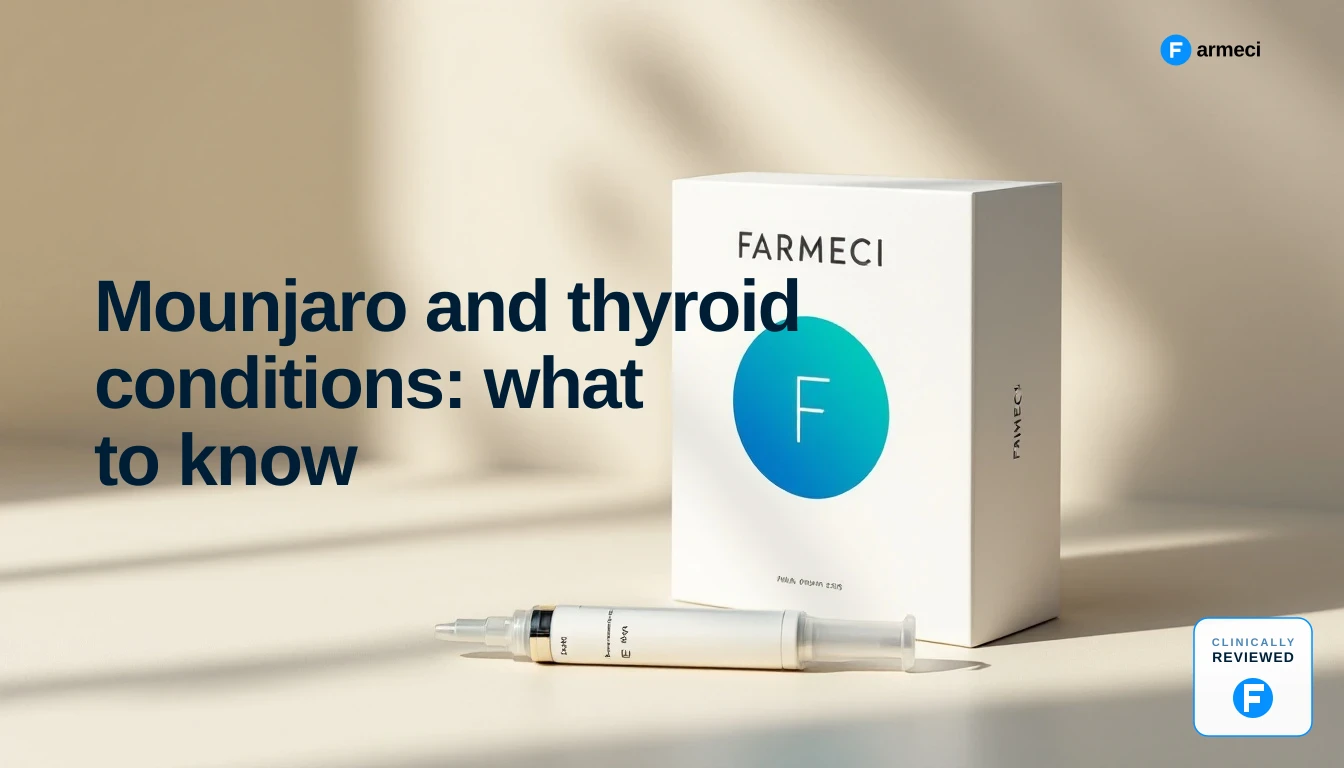 Editorial cover for Farmeci's guide on Mounjaro and thyroid conditions: a premium Farmeci-branded injection pen and medicine carton on a soft cream surface, soft studio light, alongside the headline.