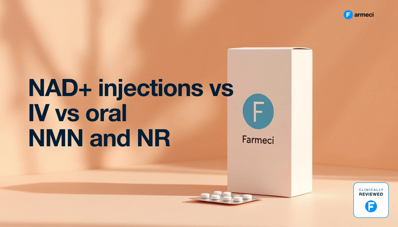 Flat-lay comparing three NAD+ routes: oral NMN and NR capsules, a subcutaneous injection pen and an IV infusion bag, on a calm neutral background