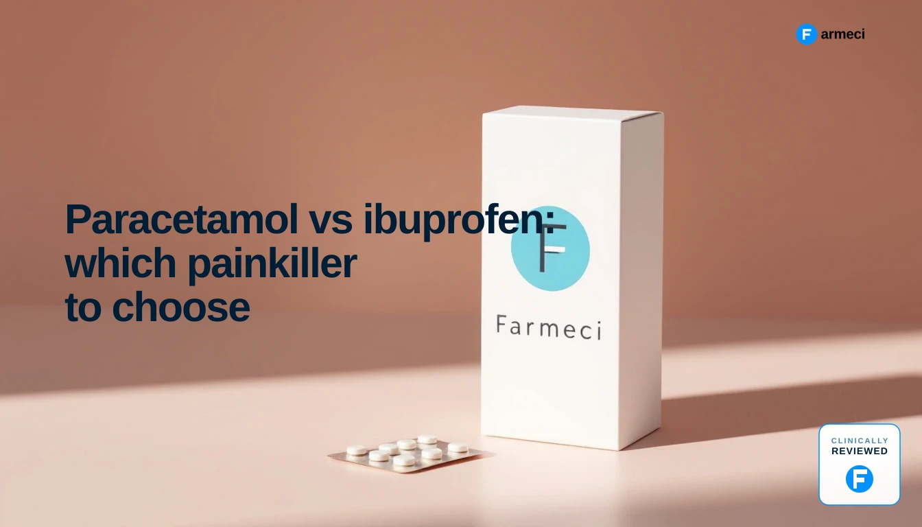 Editorial cover for Farmeci's paracetamol vs ibuprofen guide: soft warm neutral backdrop with a Farmeci-branded medicine carton and blister pack of tablets.