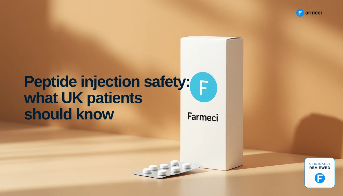 A UK pharmacist checking an injection site and a sharps bin on a clinic desk, representing peptide injection safety.