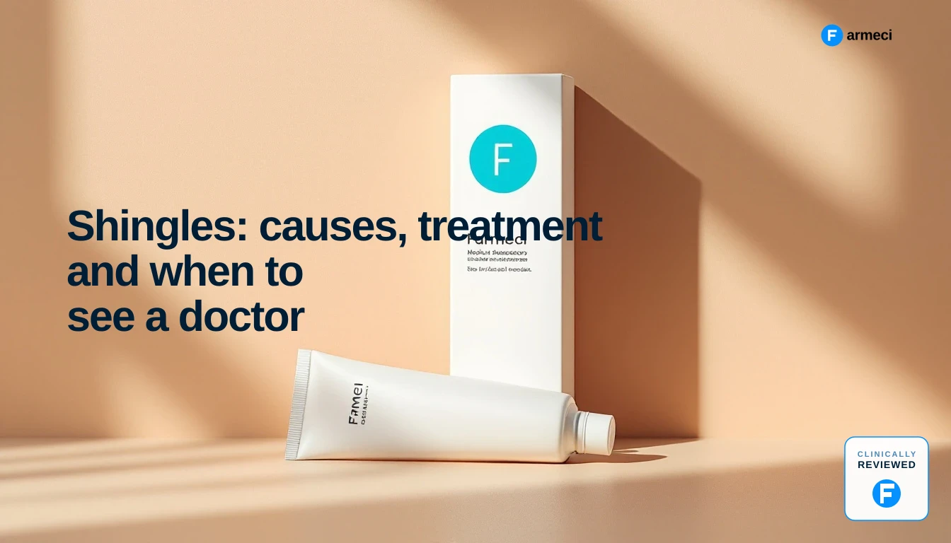 Editorial cover for Farmeci's shingles guide: soft warm cream backdrop with a Farmeci-branded medicine carton and blister pack.