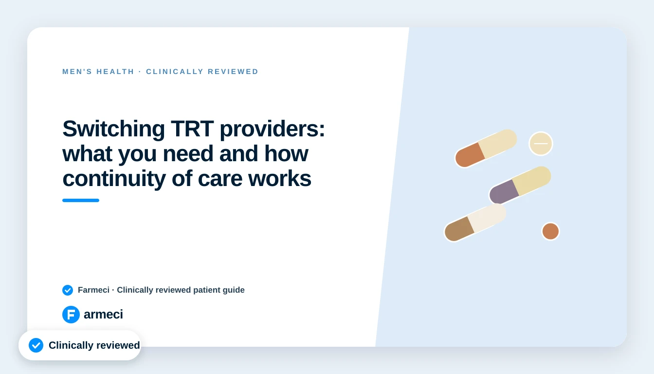 Editorial cover for Farmeci's guide to switching TRT providers, showing how continuity of care works when transferring your treatment, on a navy Farmeci-branded background.