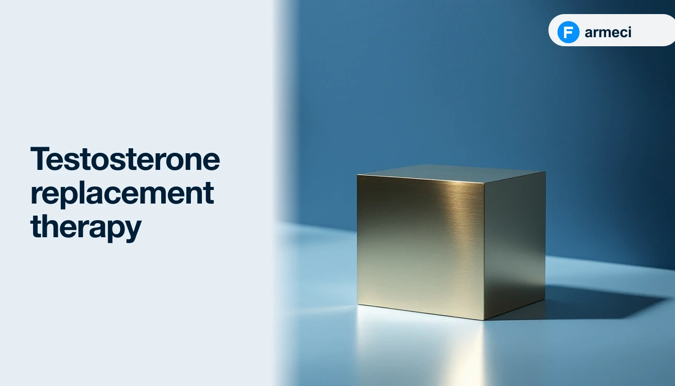 Editorial cover for Farmeci's guide on testosterone replacement therapy: a single elegant polished brass cube on a polished cool pale-blue surface, soft directional light, alongside the headline.