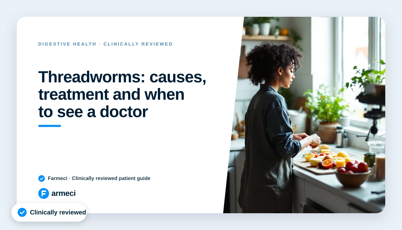 Editorial cover for Farmeci's threadworms guide: causes, treatment and prevention.
