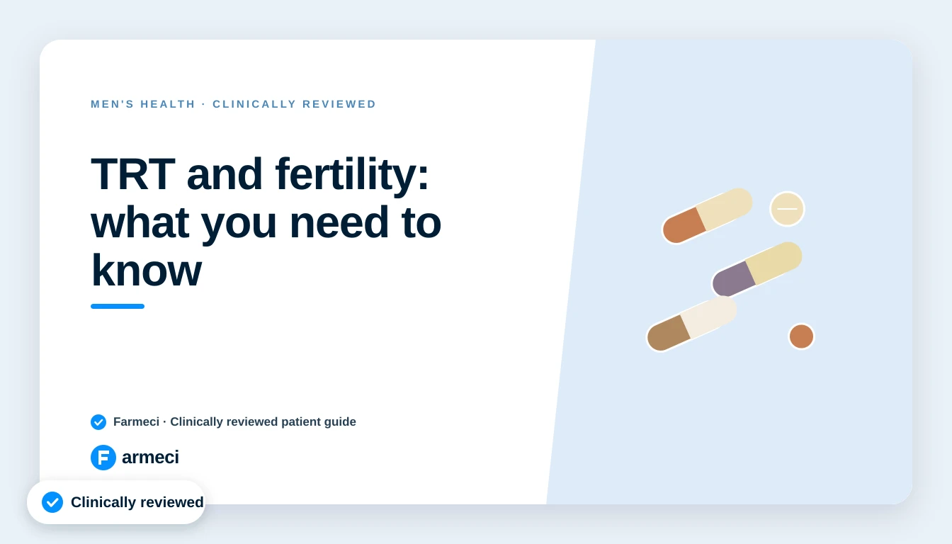 Editorial cover for Farmeci's guide to TRT and fertility, explaining how testosterone therapy affects sperm production, on a navy Farmeci-branded background.