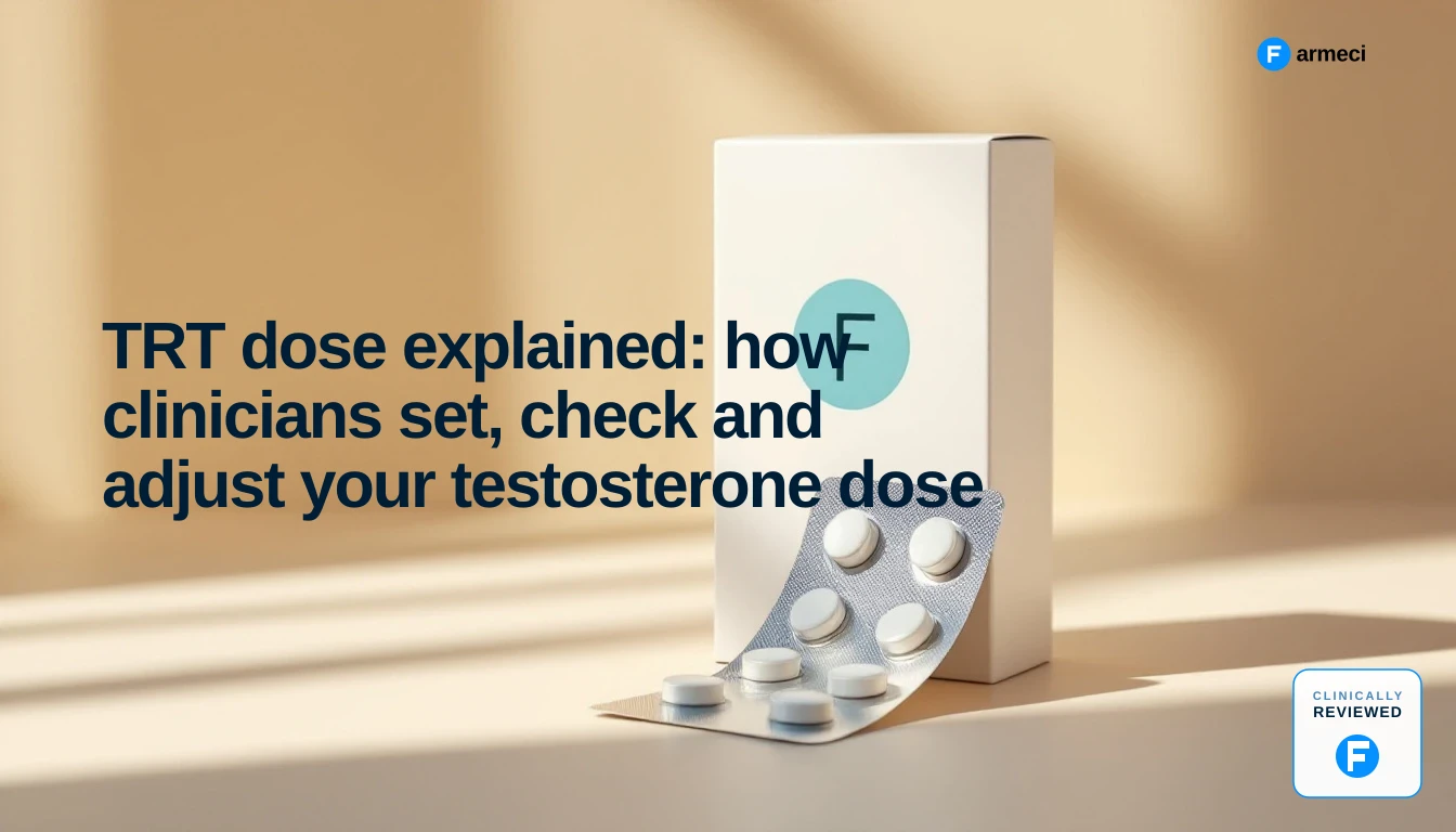A UK pharmacist reviewing a patient's testosterone blood test results alongside a Testogel pump dispenser and a vial of injectable testosterone on a consultation desk.
