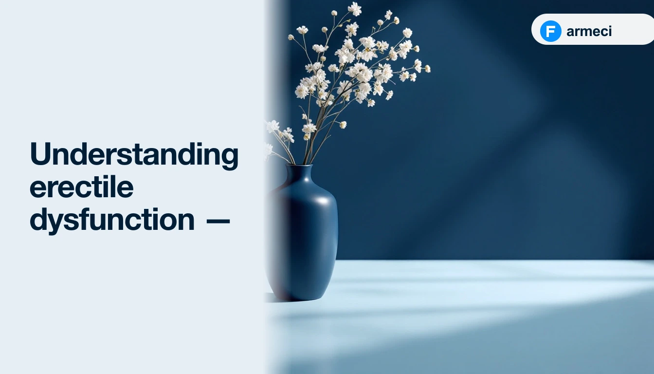 Editorial cover for Farmeci's guide on erectile dysfunction: a single elegant tall matte navy porcelain vase on a polished cool pale-blue surface, soft directional light, alongside the headline.