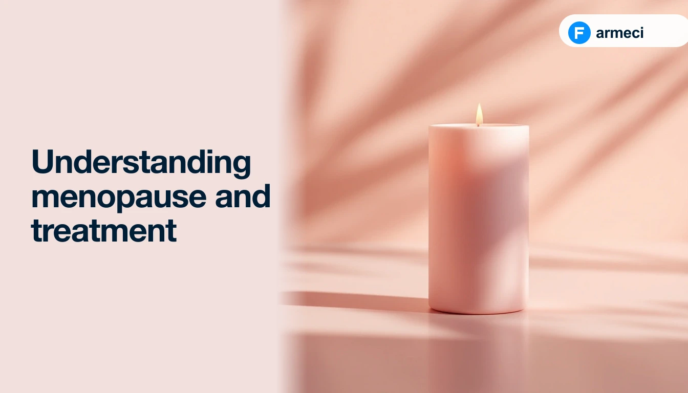 Editorial cover for Farmeci's guide on menopause and treatment pathways: a single elegant matte rose-coloured ceramic candle lantern on a polished pale-rose surface, alongside the headline.