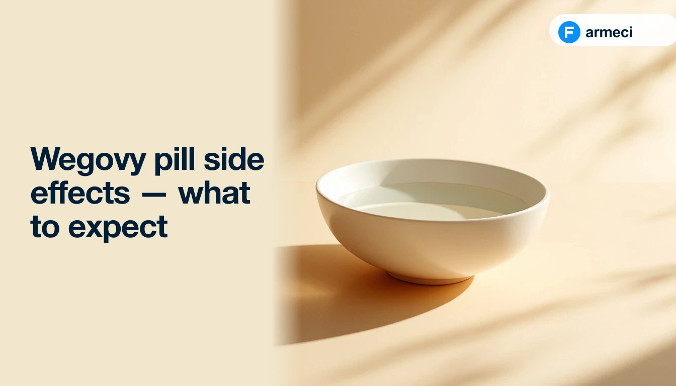 Editorial cover for Farmeci's guide on Wegovy pill side effects: a single elegant matte cream-coloured ceramic vessel on a polished warm amber-cream surface with soft natural light, alongside the headline.