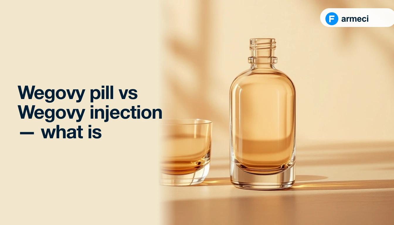 Editorial cover for Farmeci's comparison guide on the Wegovy pill versus the Wegovy injection: two elegant clear glass vessels of clearly contrasting forms side by side on a polished warm amber-cream surface, soft natural light, alongside the headline.