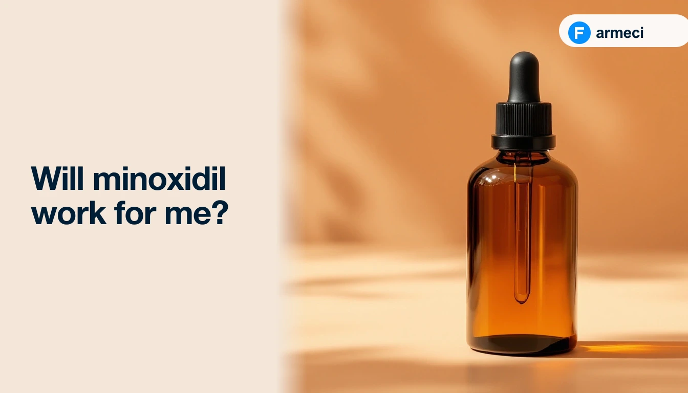 Editorial cover for Farmeci's guide on whether minoxidil will work: peach backdrop, a row of five hair follicles showing month-by-month growth response, and a Farmeci-branded minoxidil topical bottle.